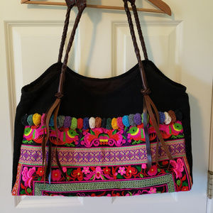 Tote with Embroidery and Pom Poms